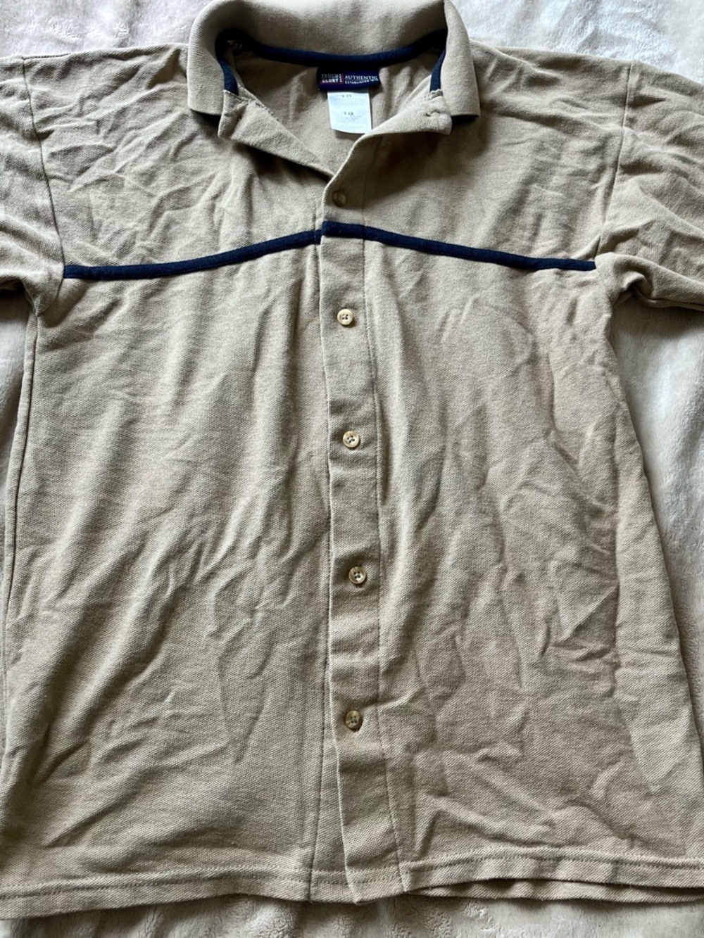 Faded Glory Beige Button-Down Polo with Navy Stripe - Men’s